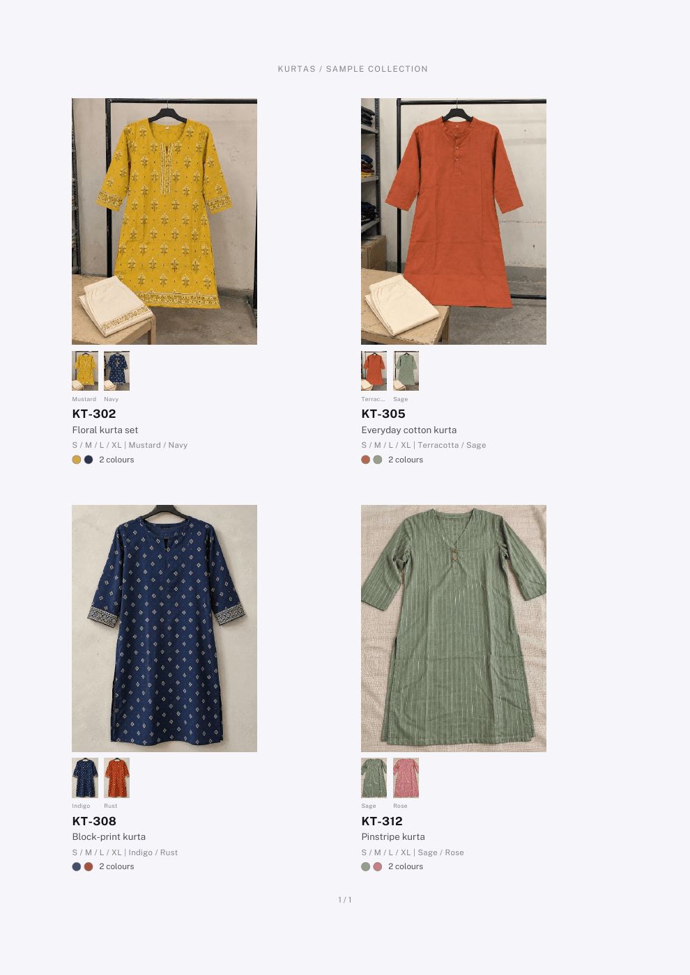 Kurtas catalogue exported from PakkaStock. KT-302: Floral kurta set, Mustard and Navy, sizes S / M / L / XL. KT-305: Everyday cotton kurta, Terracotta and Sage, sizes S / M / L / XL. KT-308: Block-print kurta, Indigo and Rust, sizes S / M / L / XL. KT-312: Pinstripe kurta, Sage and Rose, sizes S / M / L / XL.