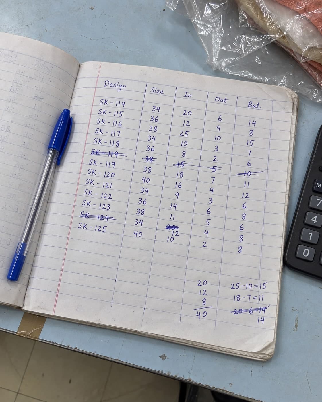 A handwritten stock notebook page with numbers crossed out