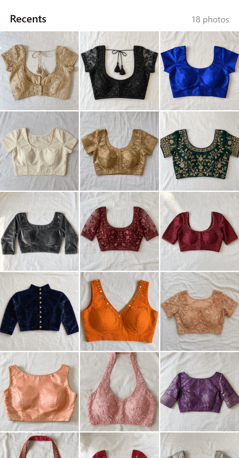 A phone photo gallery full of blouse photos with no codes