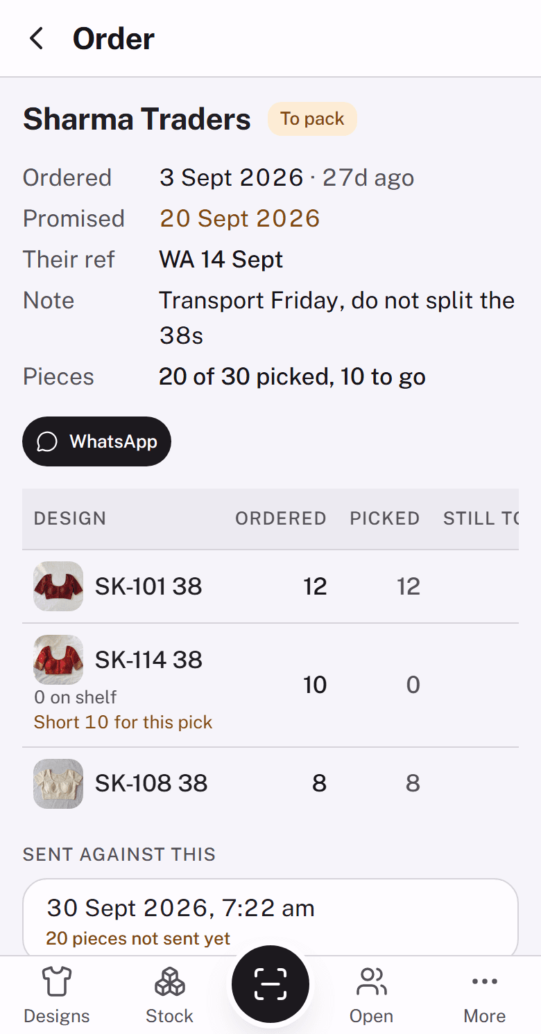 A sample order showing the pieces picked and still left by size