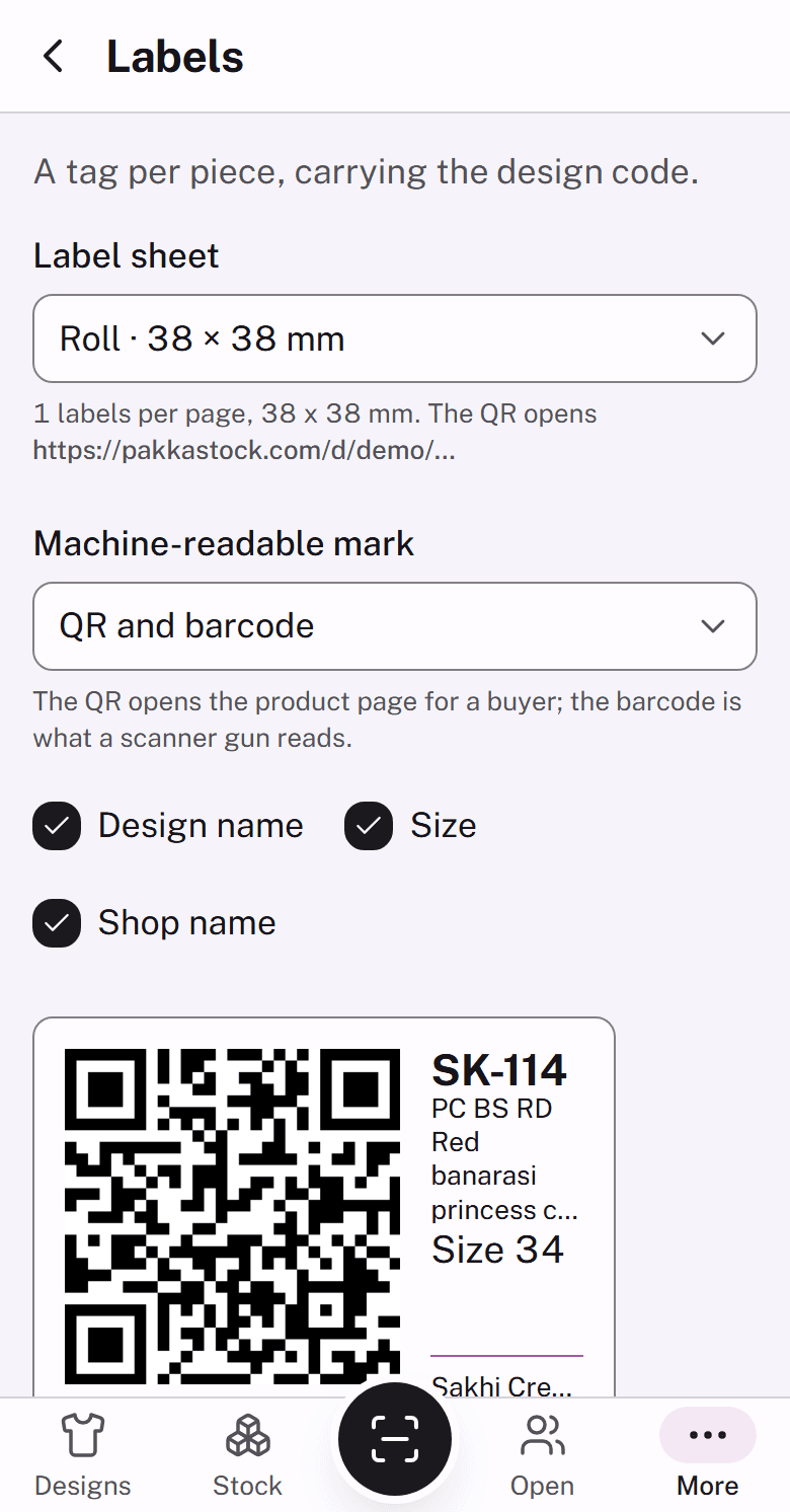 The Print labels screen in PakkaStock