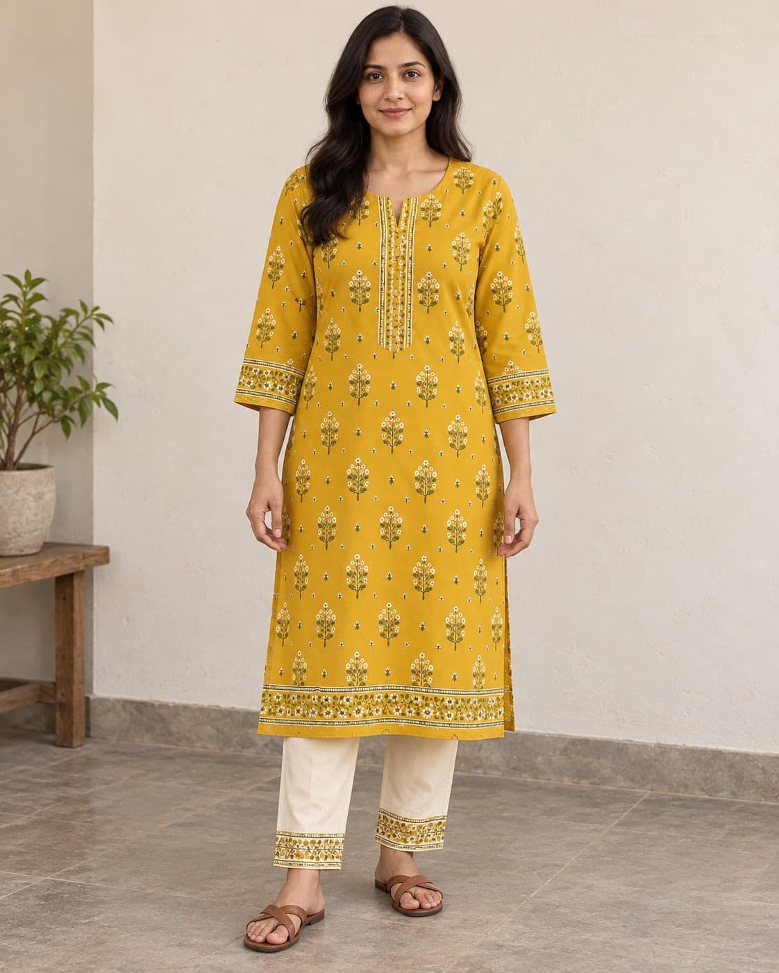 Illustrative AI model wearing the mustard floral kurta with cream trousers