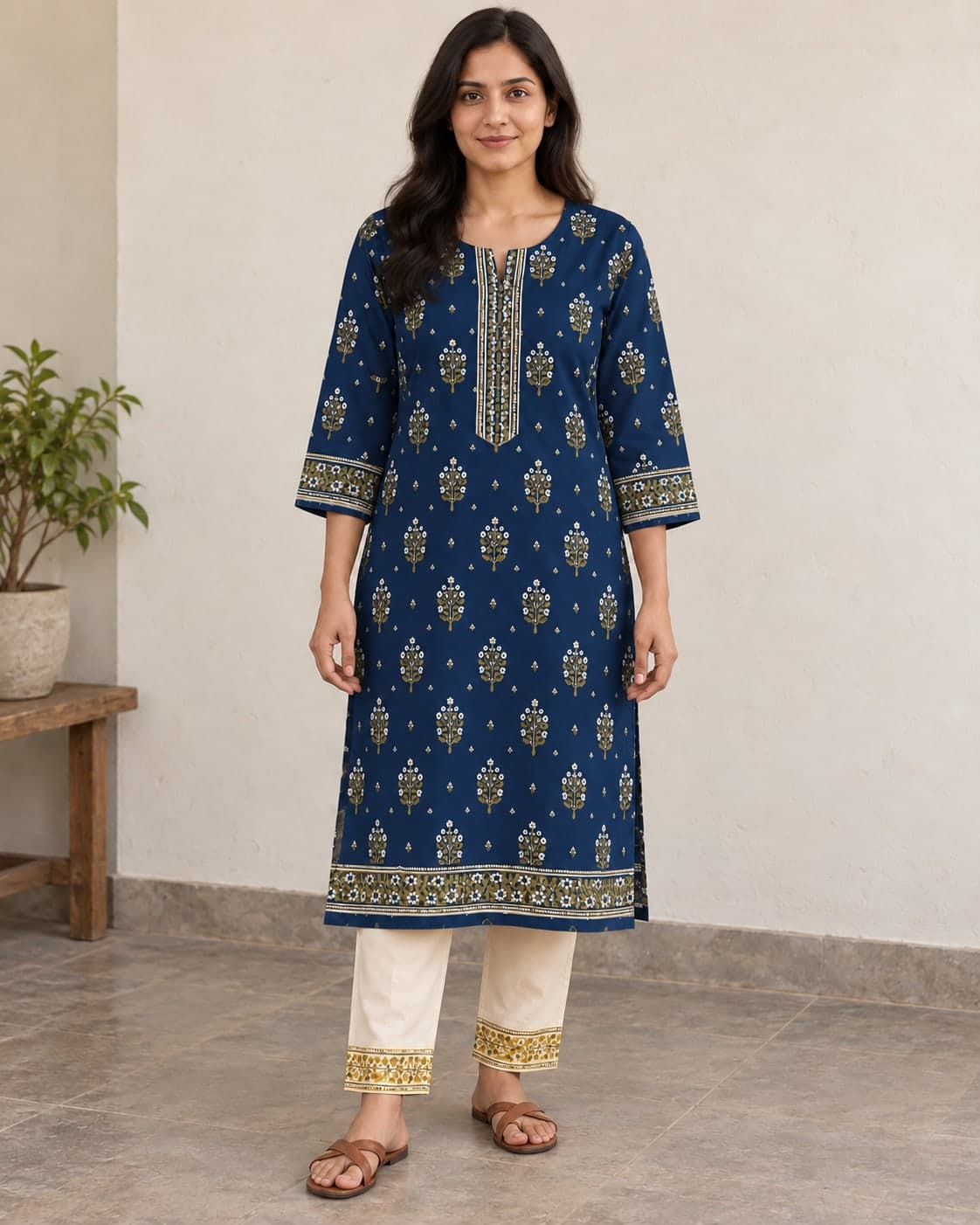 Illustrative AI model wearing the same floral kurta in navy with cream trousers